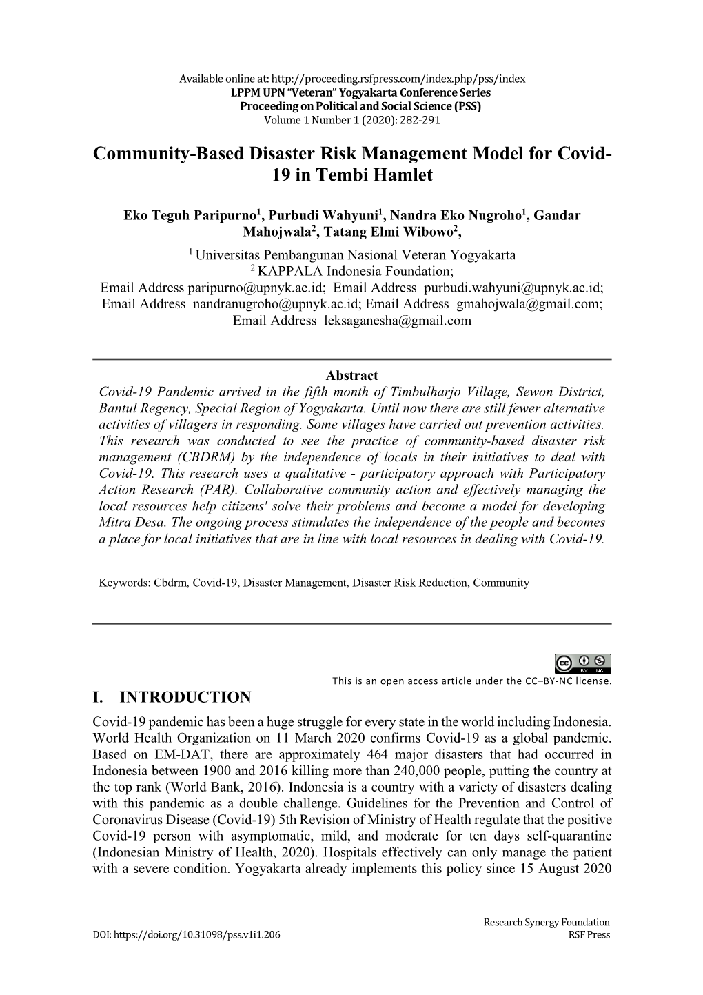 Community-Based Disaster Risk Management Model for Covid- 19 in Tembi Hamlet