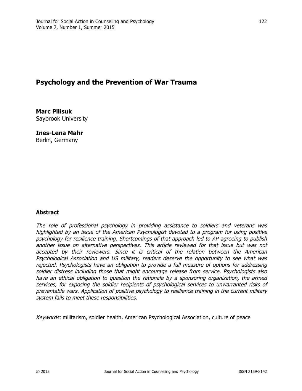 Psychology and the Prevention of War Trauma