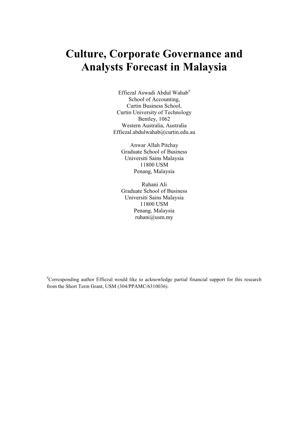 Culture, Corporate Governance and Analysts Forecast in Malaysia