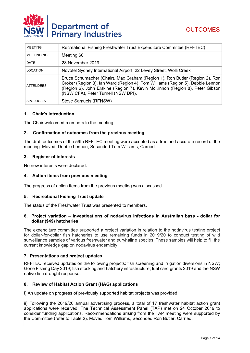 Outcomes of Meeting 60