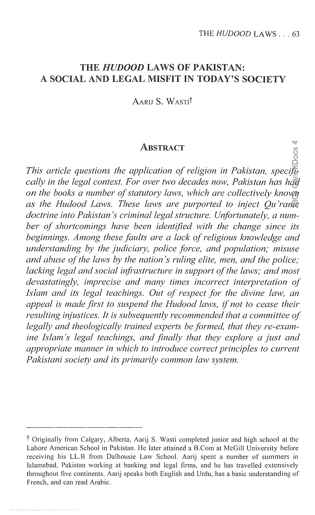 The Hudood Laws of Pakistan: a Social and Legal Misfit in Toda Y's Society