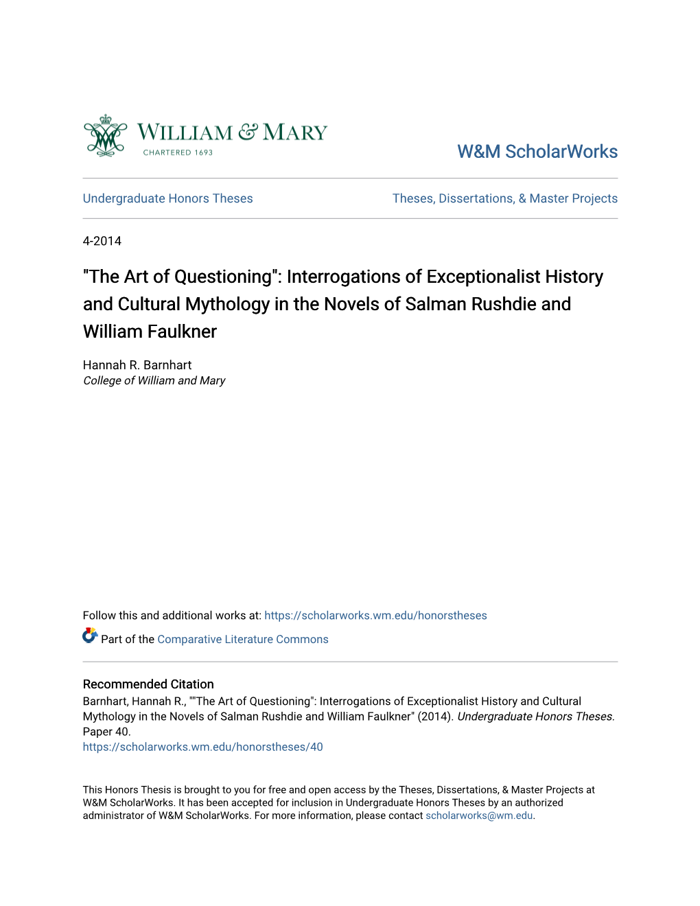 Interrogations of Exceptionalist History and Cultural Mythology in the Novels of Salman Rushdie and William Faulkner