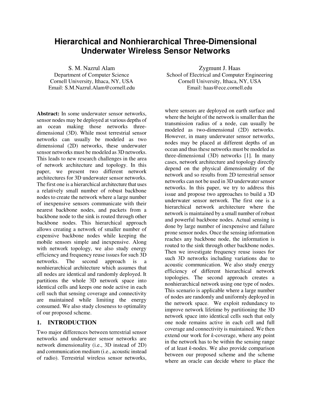 Hierarchical and Nonhierarchical Three-Dimensional Underwater Wireless Sensor Networks