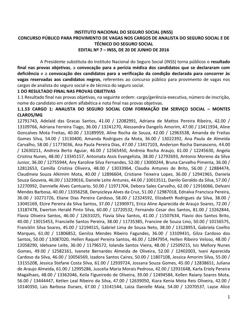 Inss) Concurso Público Para Provimento De Vagas Nos Cargos De Analista Do Seguro Social E De Técnico Do Seguro Social Edital Nº 7 – Inss, De 20 De Junho De 2016