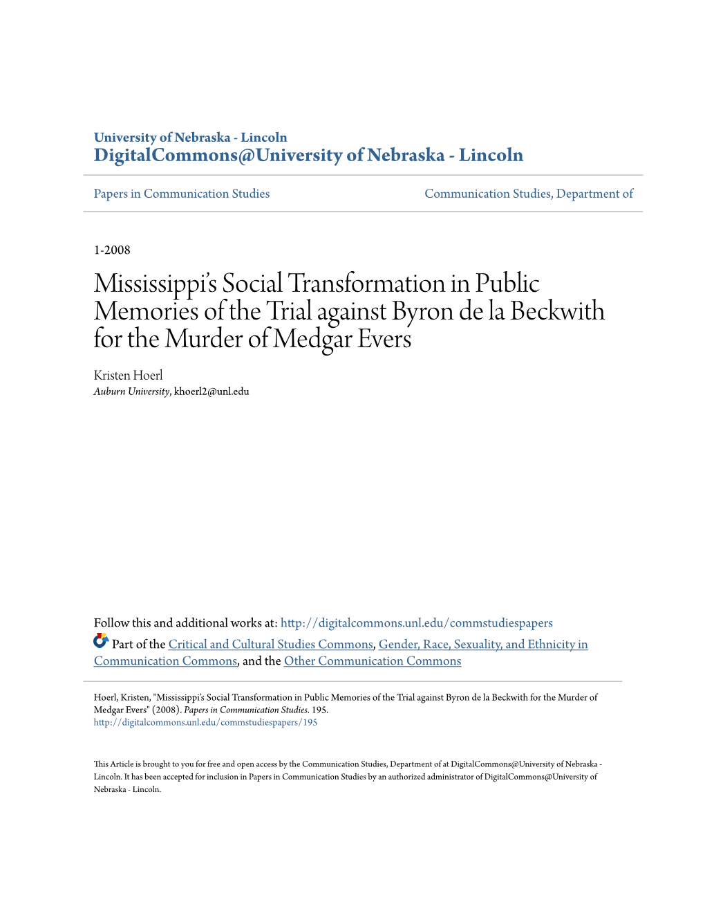 Mississippi's Social Transformation in Public Memories of the Trial Against Byron De La Beckwith for the Murder of Medgar Ever