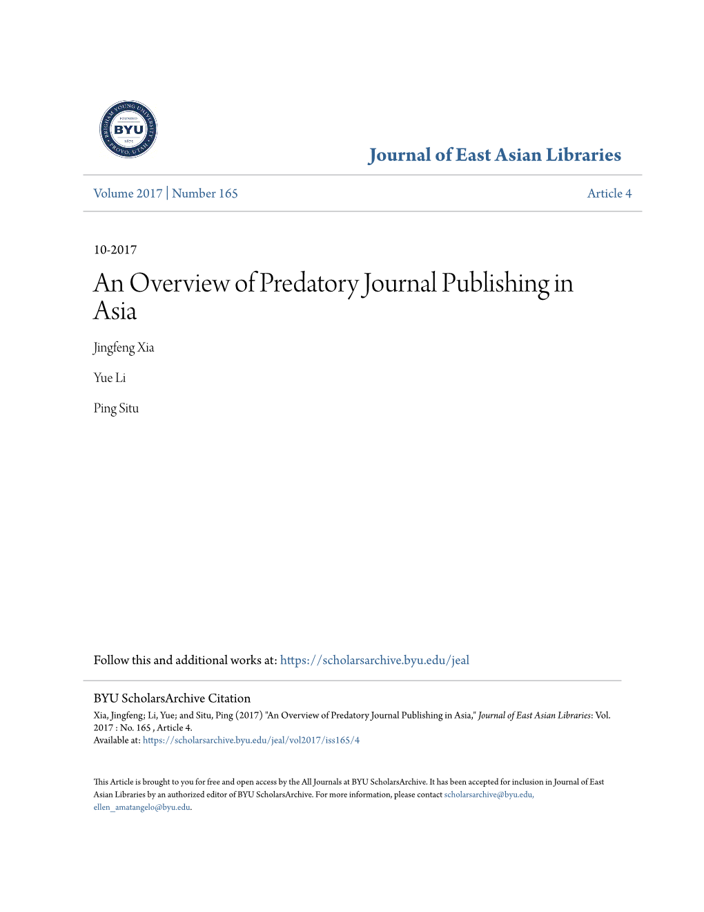 An Overview of Predatory Journal Publishing in Asia Jingfeng Xia