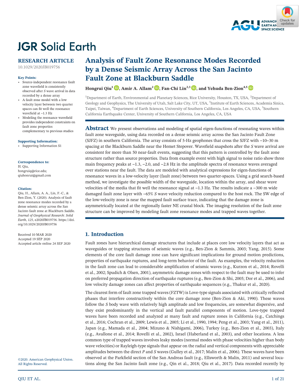 Analysis of Fault Zone Resonance Modes Recorded by a Dense