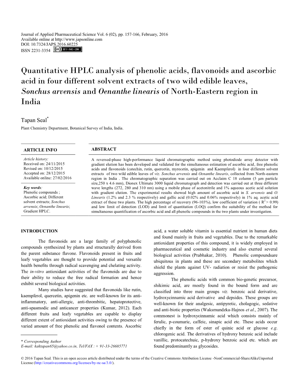 Quantitative HPLC Analysis of Phenolic Acids, Flavonoids And