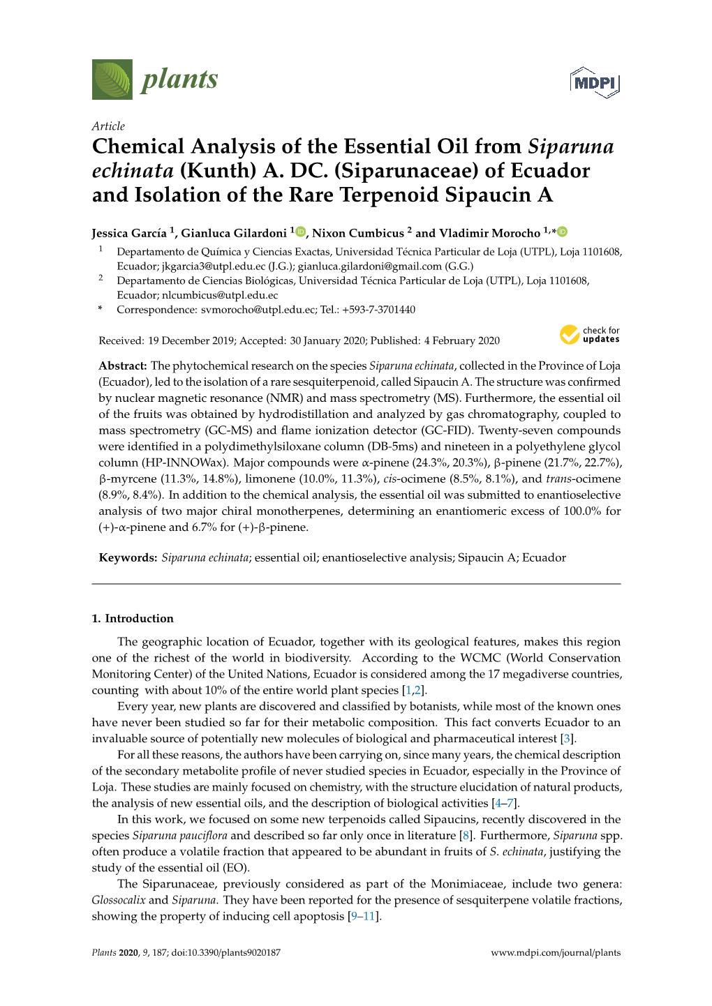 Chemical Analysis of the Essential Oil from Siparuna Echinata (Kunth) A