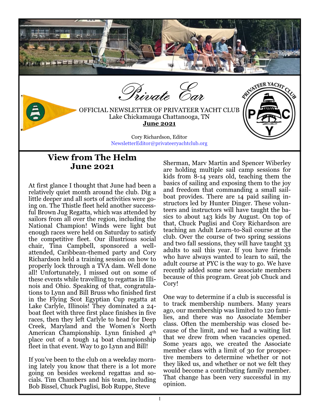 Private Ear OFFICIAL NEWSLETTER of PRIVATEER YACHT CLUB Lake Chickamauga Chattanooga, TN June 2021