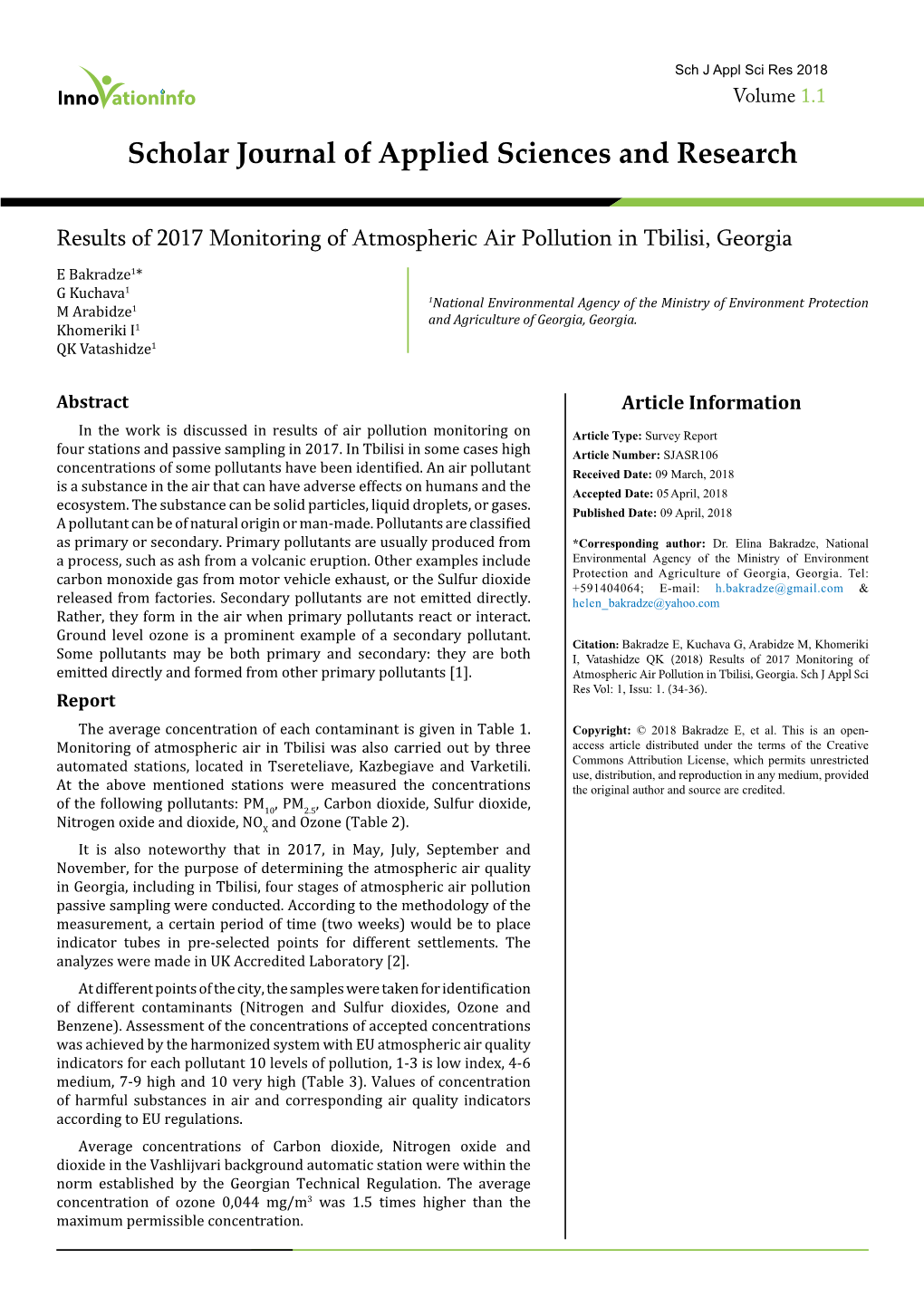 Results of 2017 Monitoring of Atmospheric Air Pollution in Tbilisi