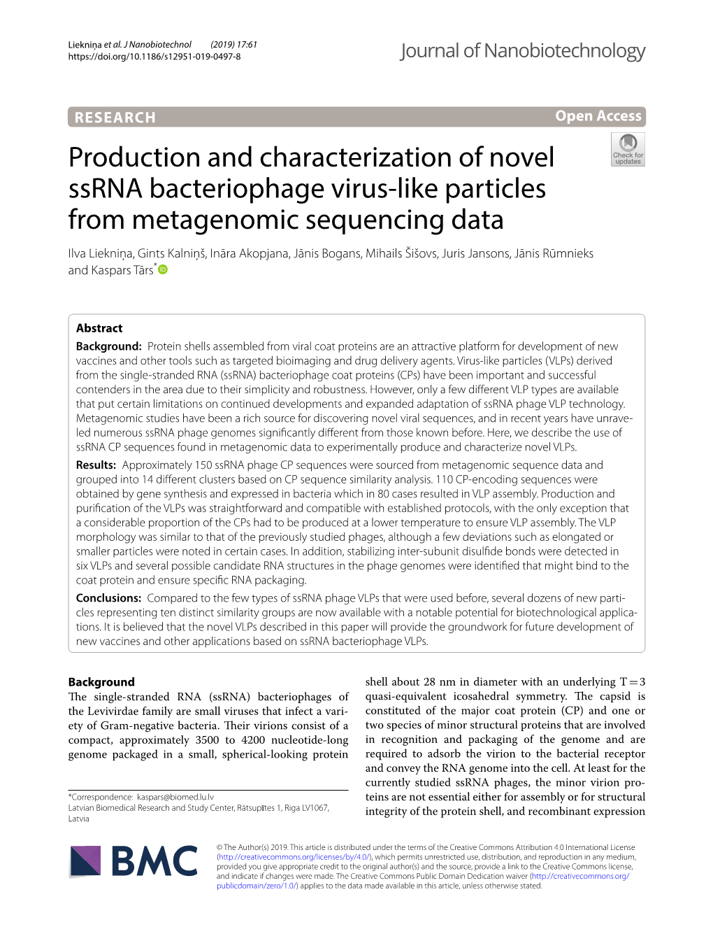 Production and Characterization of Novel Ssrna Bacteriophage Virus