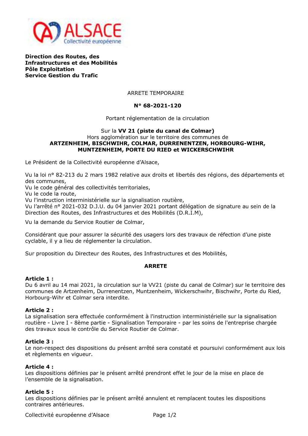 Collectivité Européenne D'alsace Page 1/2 Direction Des Routes, Des Infrastructures Et Des Mobilités Pôle Exploitation