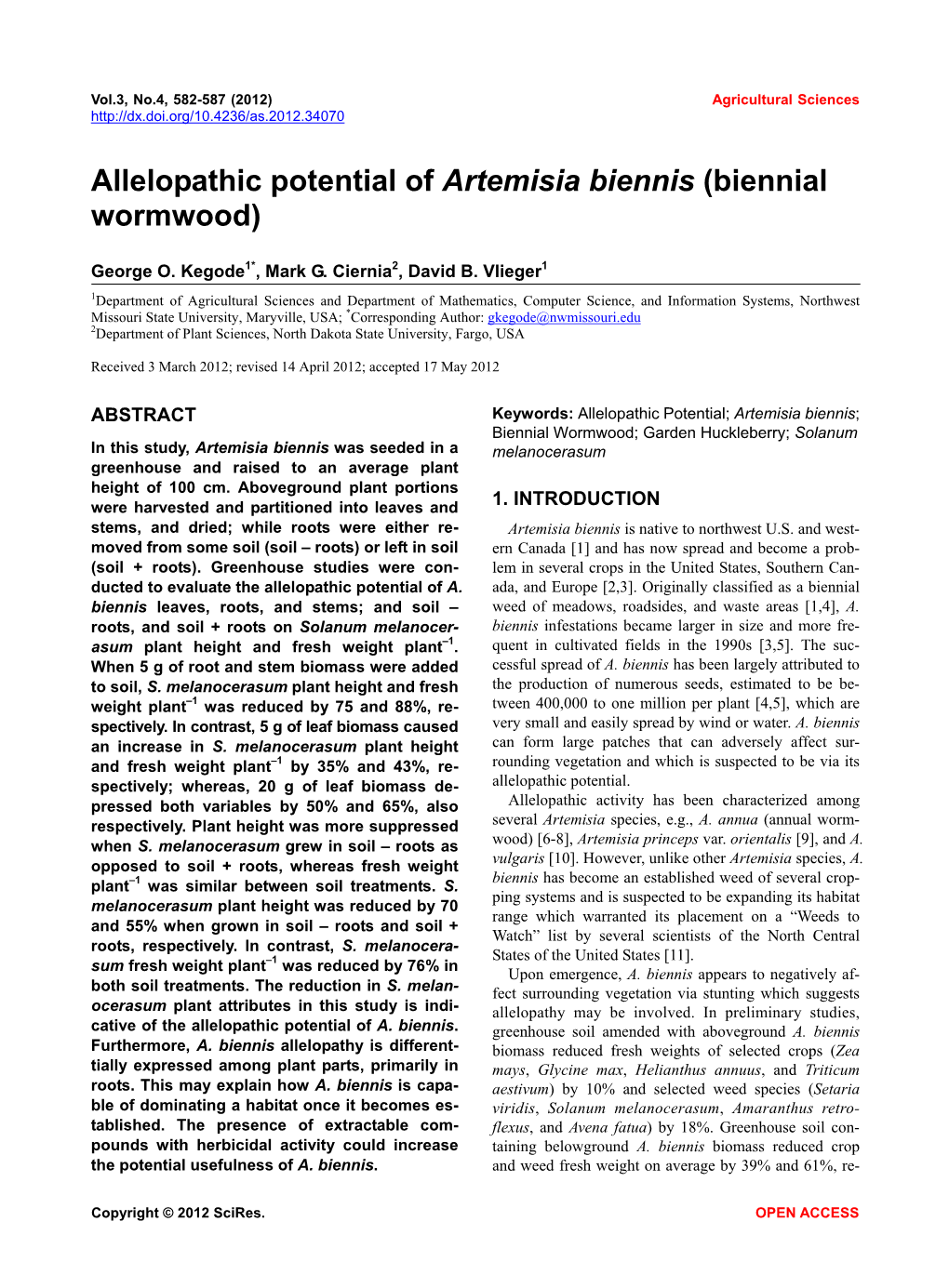Allelopathic Potential of Artemisia Biennis (Biennial Wormwood)