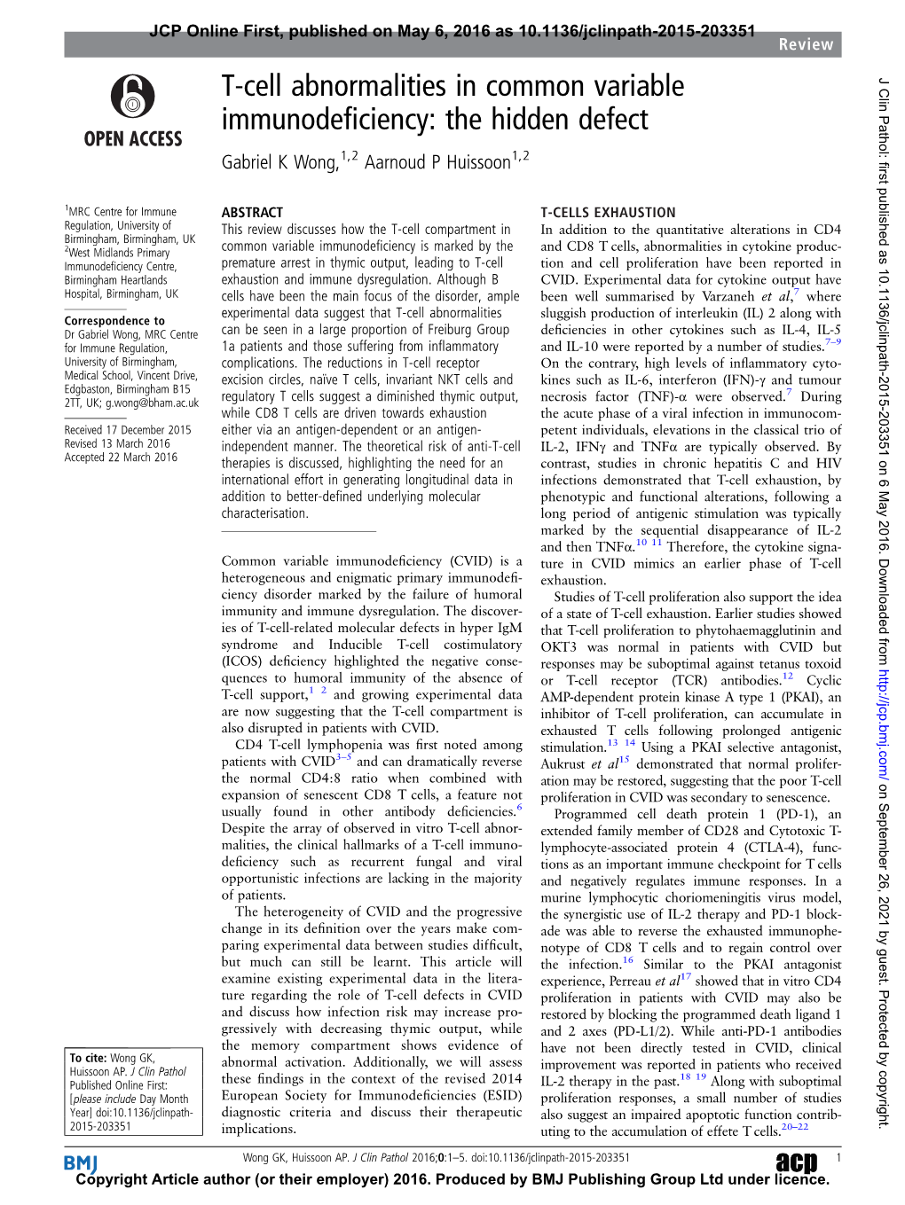 T-Cell Abnormalities in Common Variable Immunodeficiency