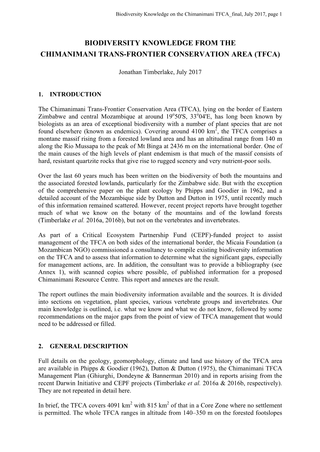 Biodiversity Knowledge from the Chimanimani Trans-Frontier Conservation Area (Tfca)