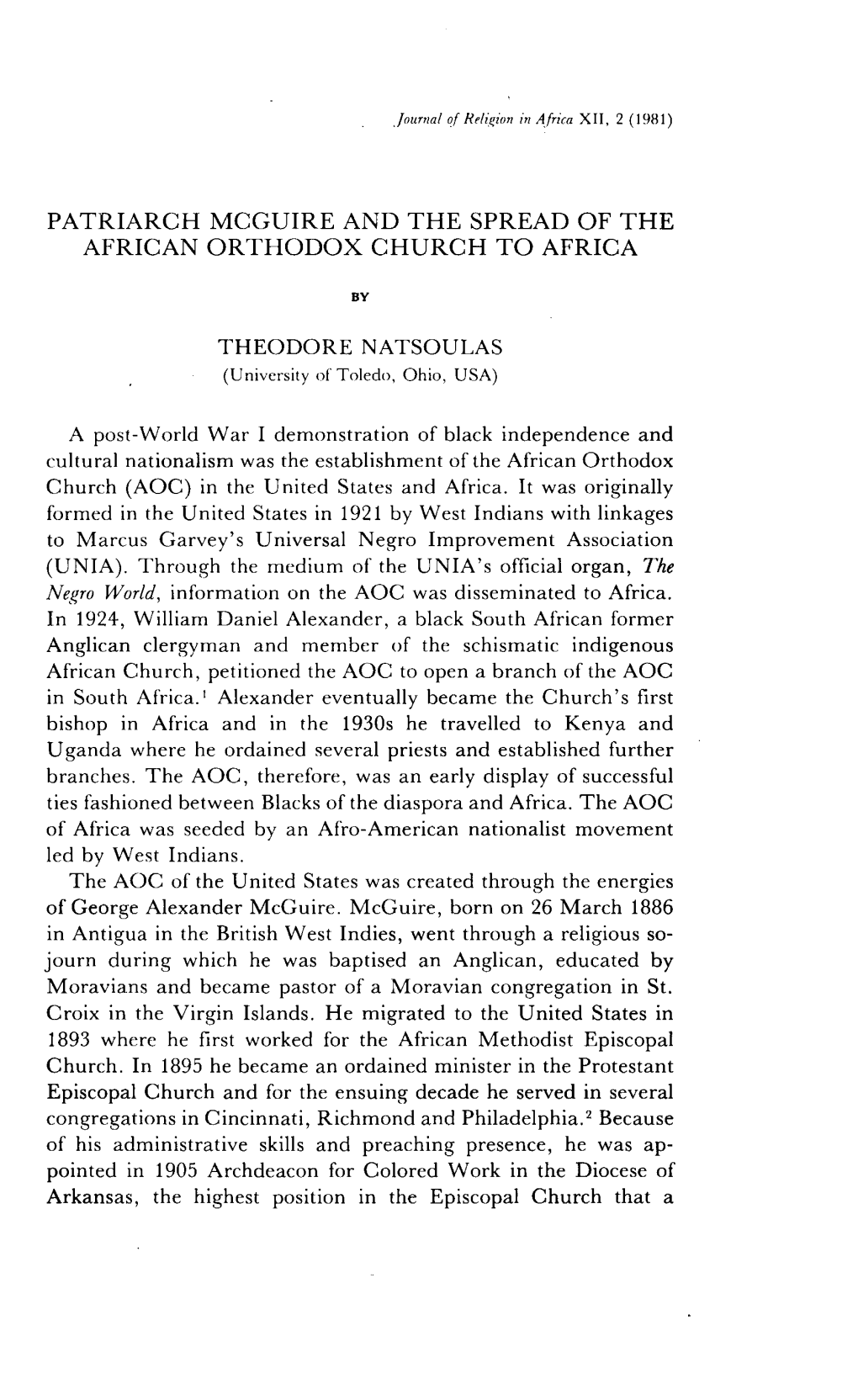 PATRIARCH MCGUIRE and the SPREAD of the AFRICAN ORTHODOX CHURCH to AFRICA by THEODORE NATSOULAS (University of Toledo, Ohio