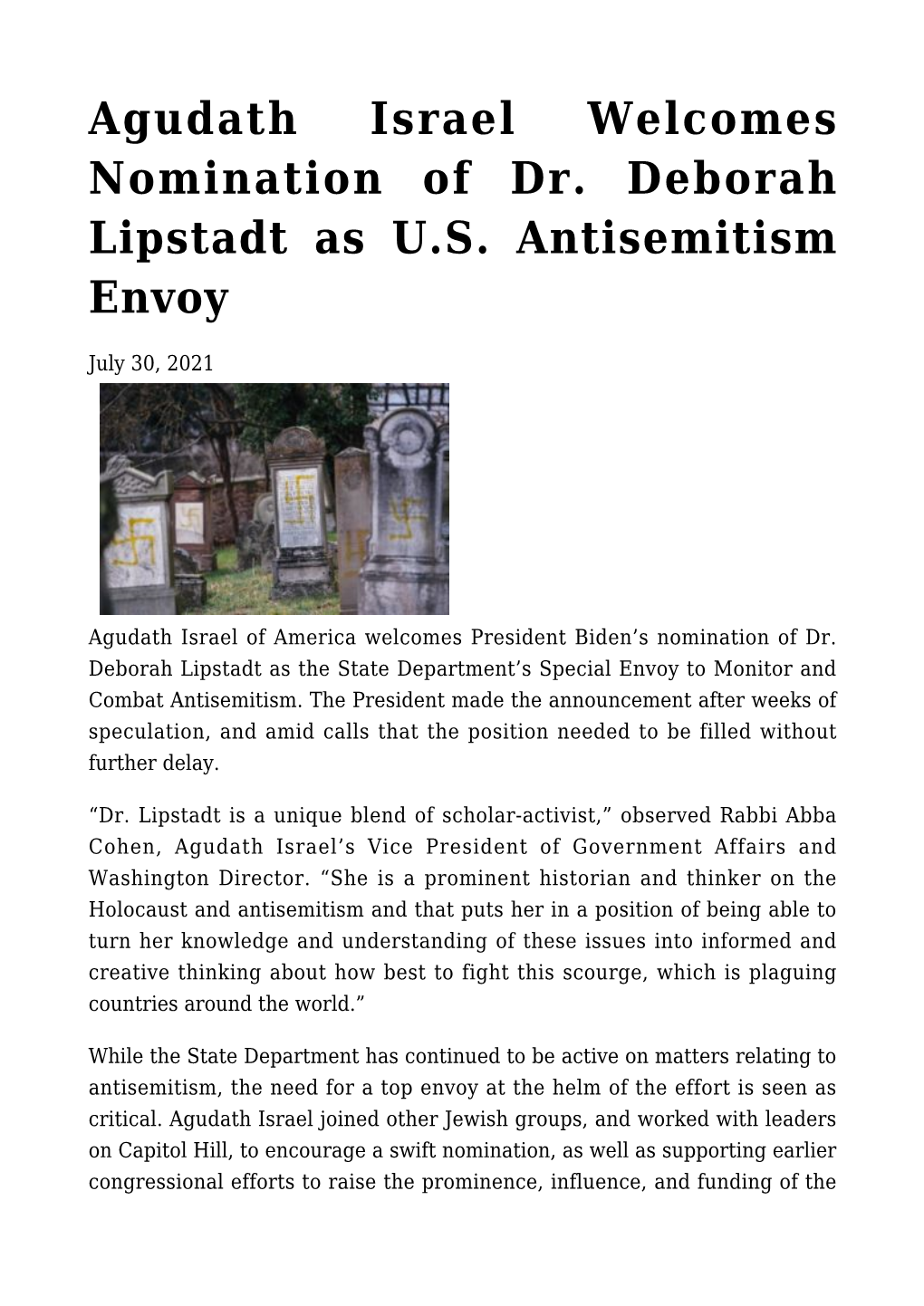 Agudath Israel Welcomes Nomination of Dr. Deborah Lipstadt As U.S. Antisemitism Envoy