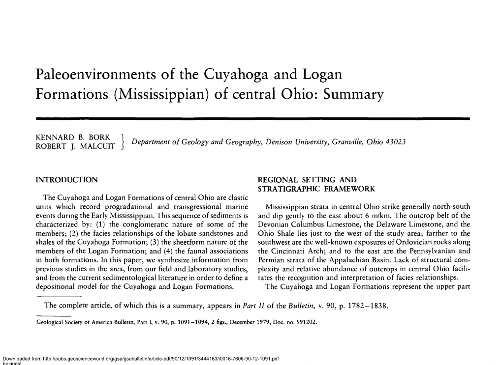 Paleoenvironments of the Cuyahoga and Logan Formations (Mississippian) of Central Ohio: Summary