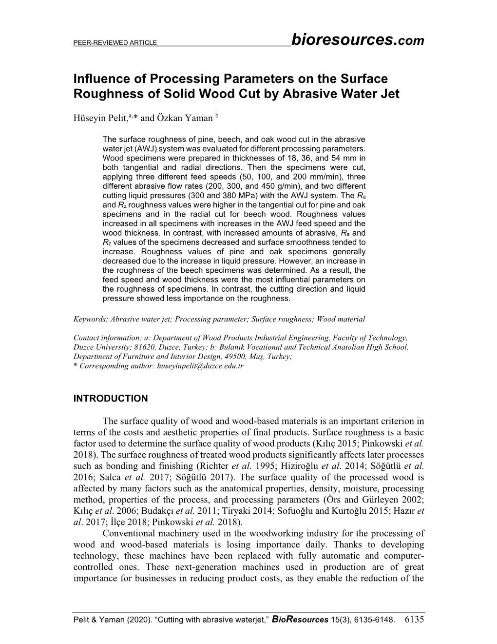 Influence of Processing Parameters on the Surface Roughness of Solid Wood Cut by Abrasive Water Jet
