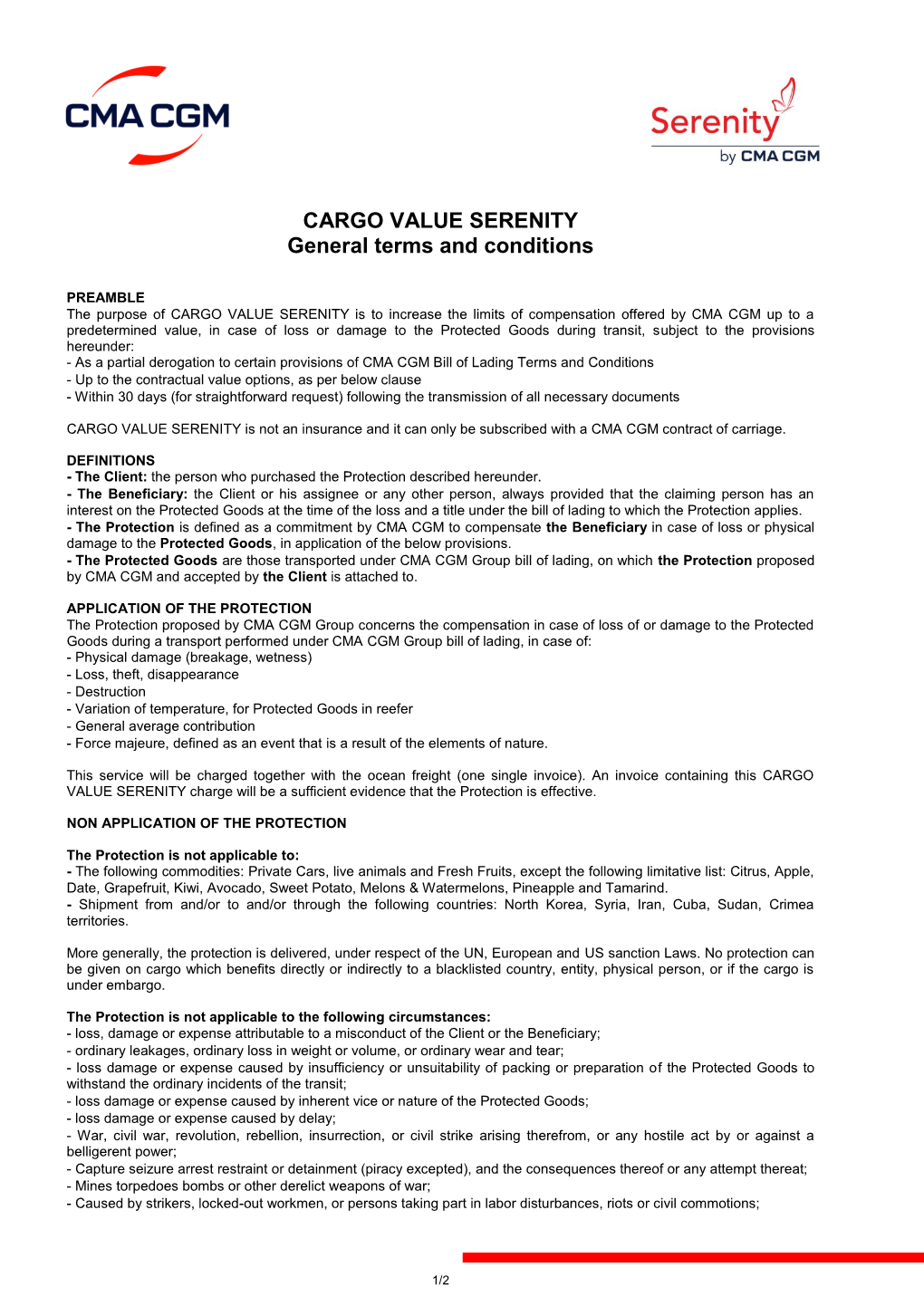CARGO VALUE SERENITY General Terms and Conditions