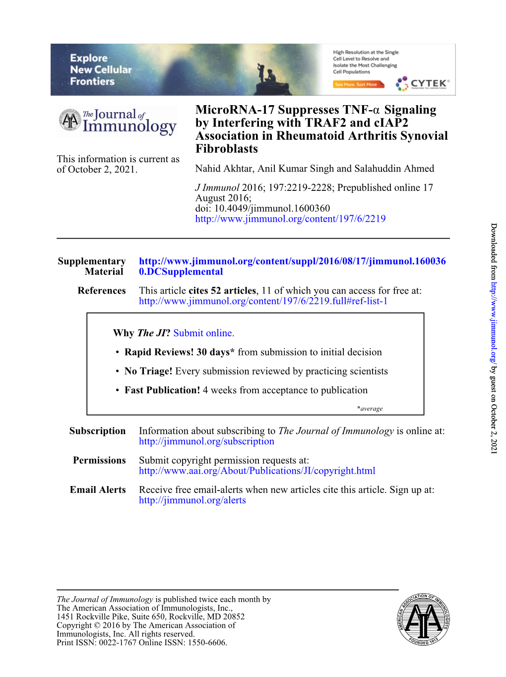 Microrna-17 Suppresses TNF-Α Signaling by Interfering with TRAF2