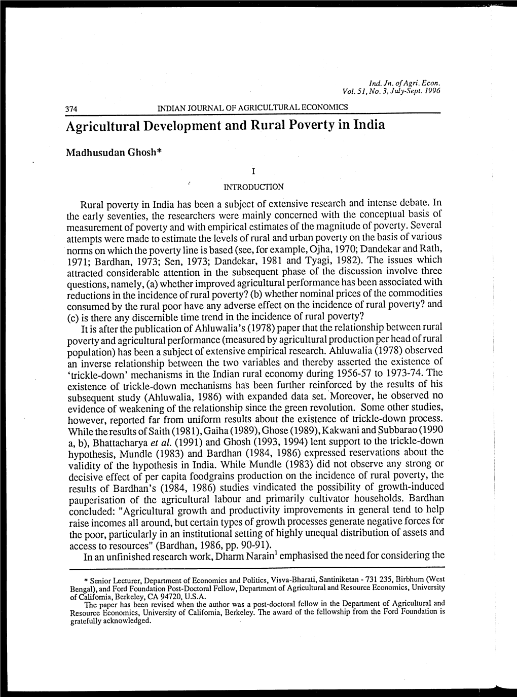 Agricultural Development and Rural Poverty in India