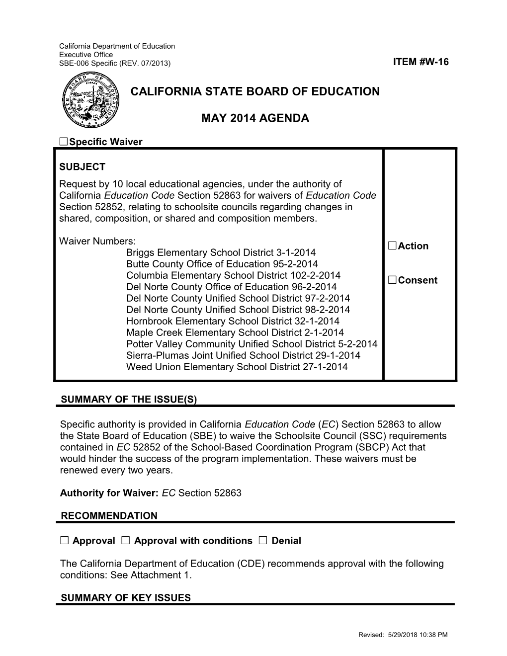 May 2014 Waiver Item W-16 - Meeting Agendas (CA State Board of Education)