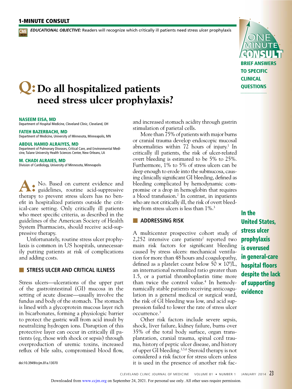 Do All Hospitalized Patients Need Stress Ulcer Prophylaxis?