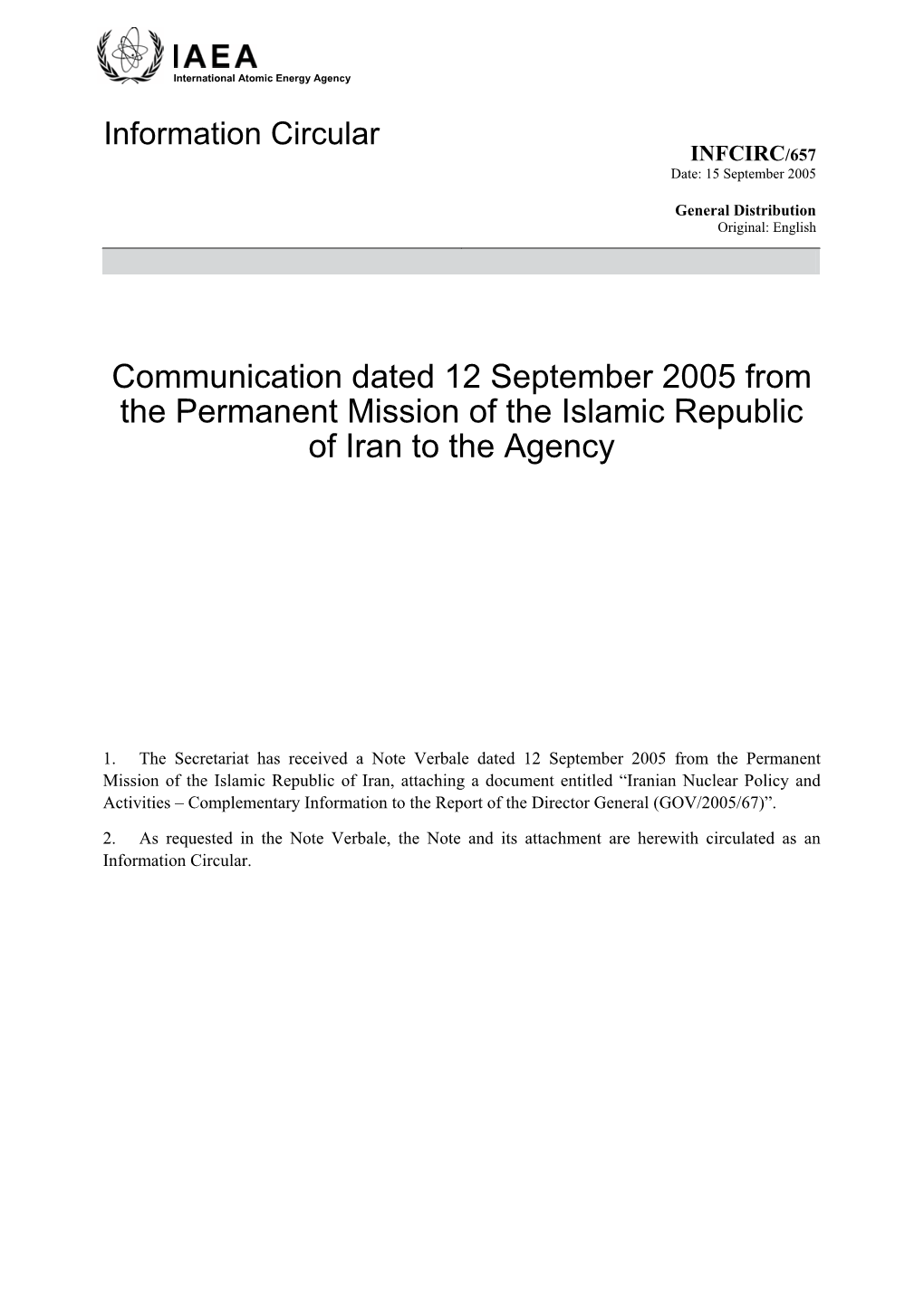 Communication Dated 12 September 2005 from the Permanent Mission of the Islamic Republic of Iran to the Agency