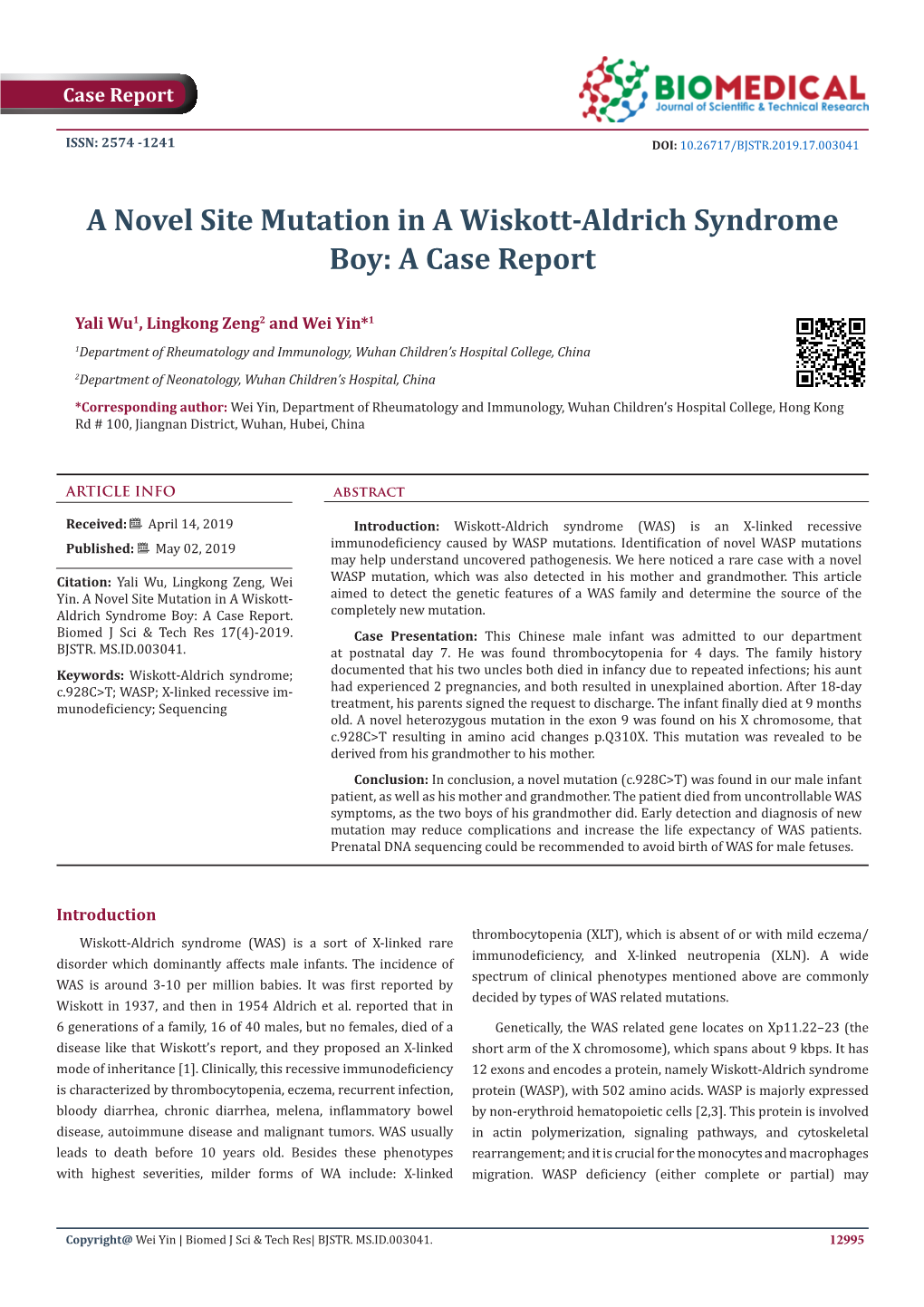 A Novel Site Mutation in a Wiskott-Aldrich Syndrome Boy: a Case Report