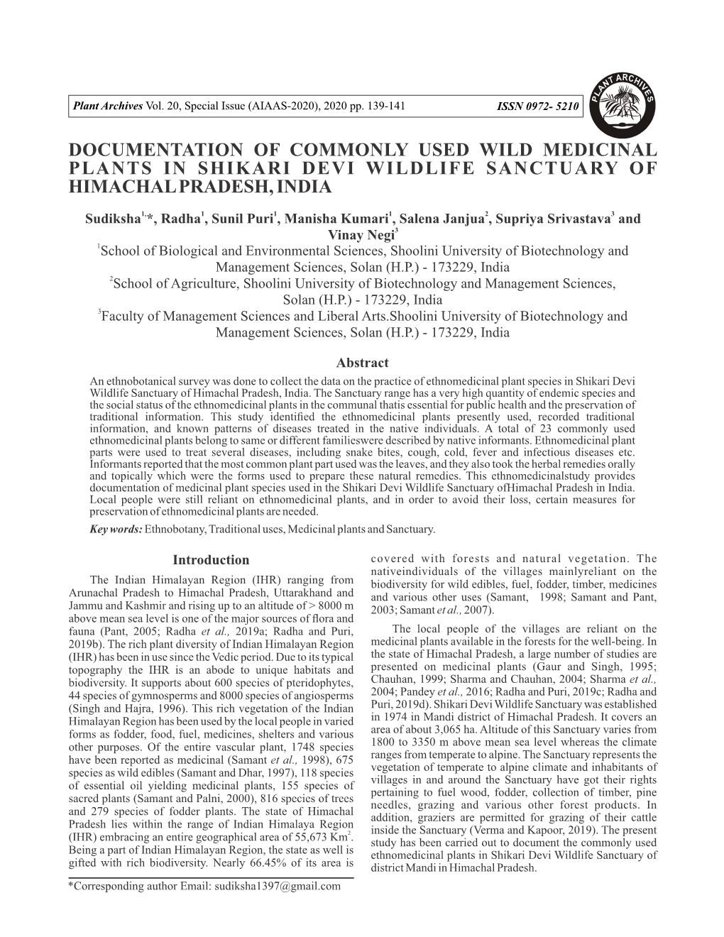 Documentation of Commonly Used Wild Medicinal Plants in Shikari Devi Wildlife Sanctuary of Himachal Pradesh, India