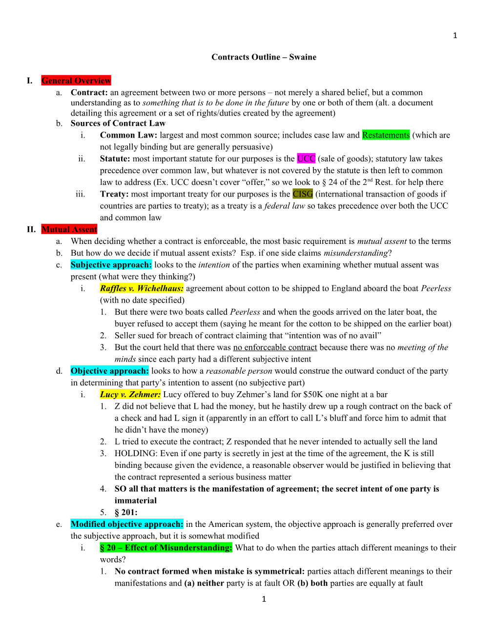 Contracts Outline Swaine