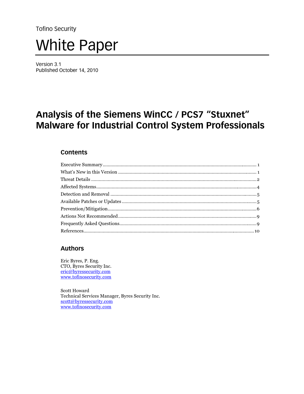 Analysis of Siemens Stuxnet Malware Attacks
