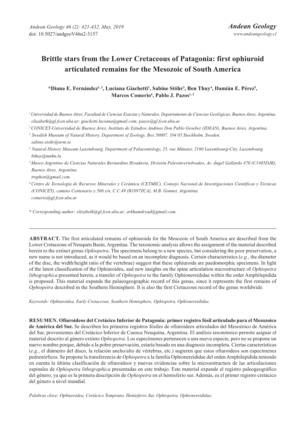 Brittle Stars from the Lower Cretaceous of Patagonia: First Ophiuroid Articulated Remains for the Mesozoic of South America