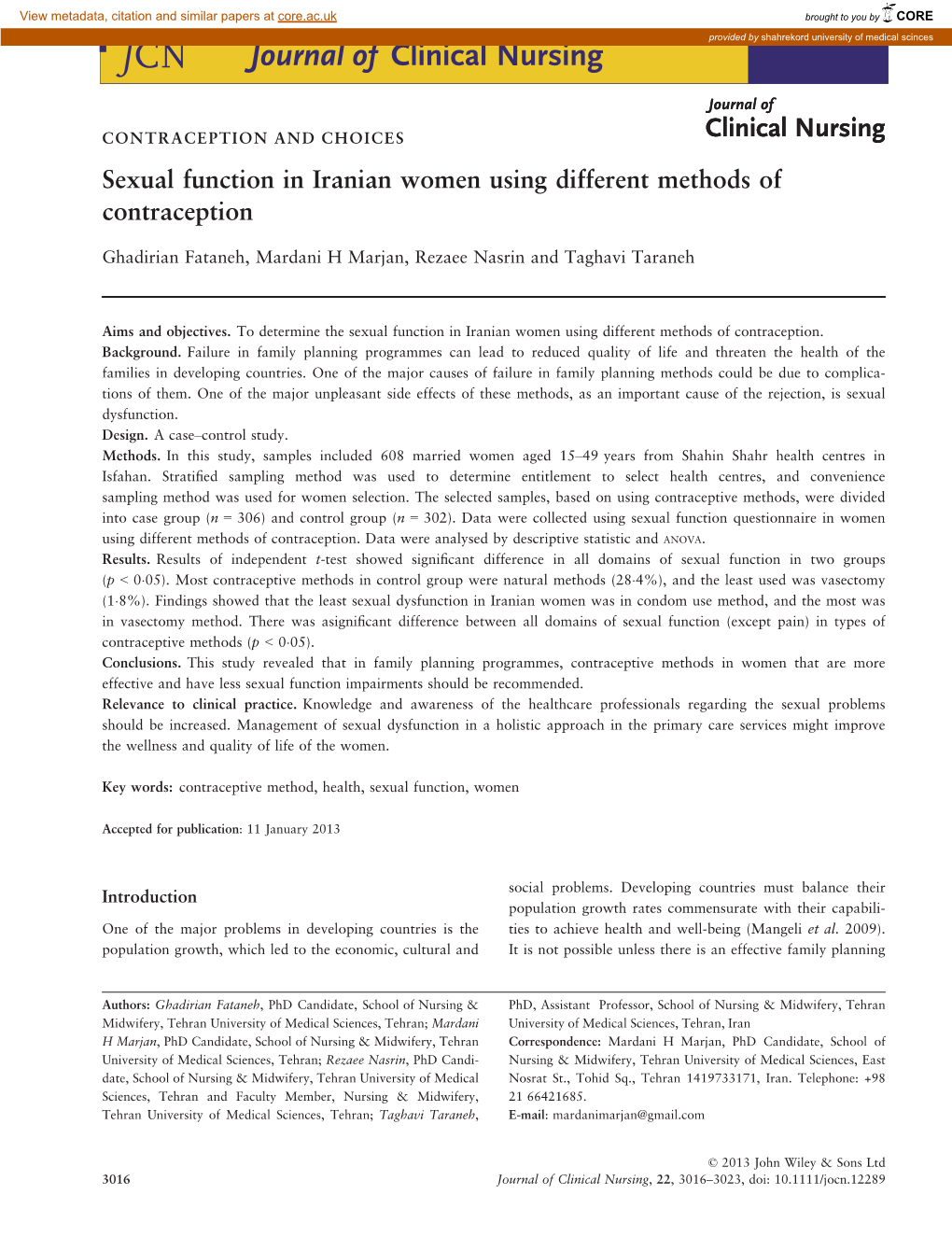 Sexual Function in Iranian Women Using Different Methods of Contraception