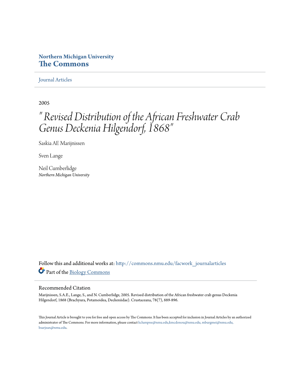 " Revised Distribution of the African Freshwater Crab Genus Deckenia Hilgendorf, 1868" Saskia AE Marijnissen