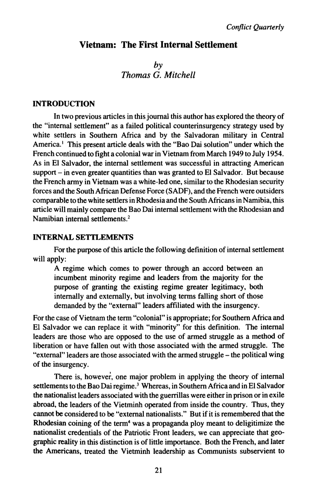 Vietnam: the First Internal Settlement by Thomas G. Mitchell