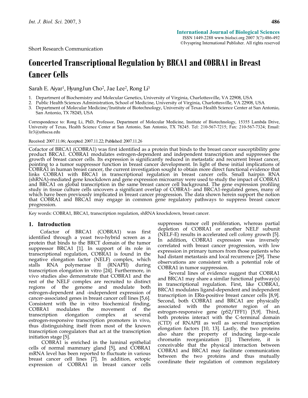 Concerted Transcriptional Regulation by BRCA1 and COBRA1 in Breast Cancer Cells Sarah E