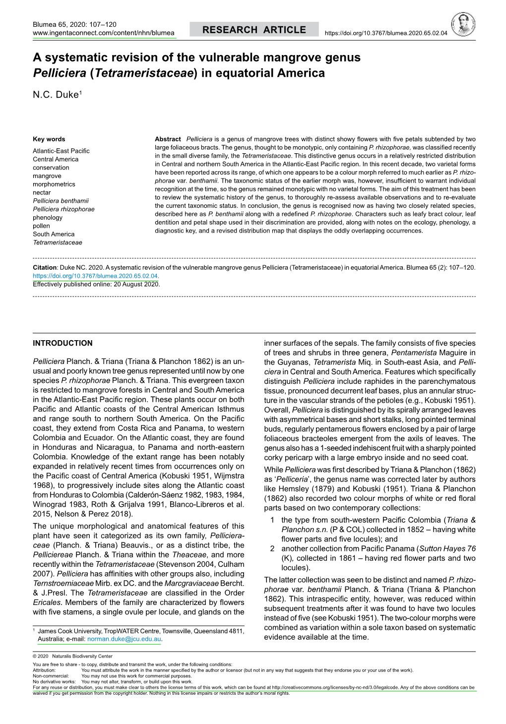 A Systematic Revision of the Vulnerable Mangrove Genus &lt;I&gt;Pelliciera&lt;/I