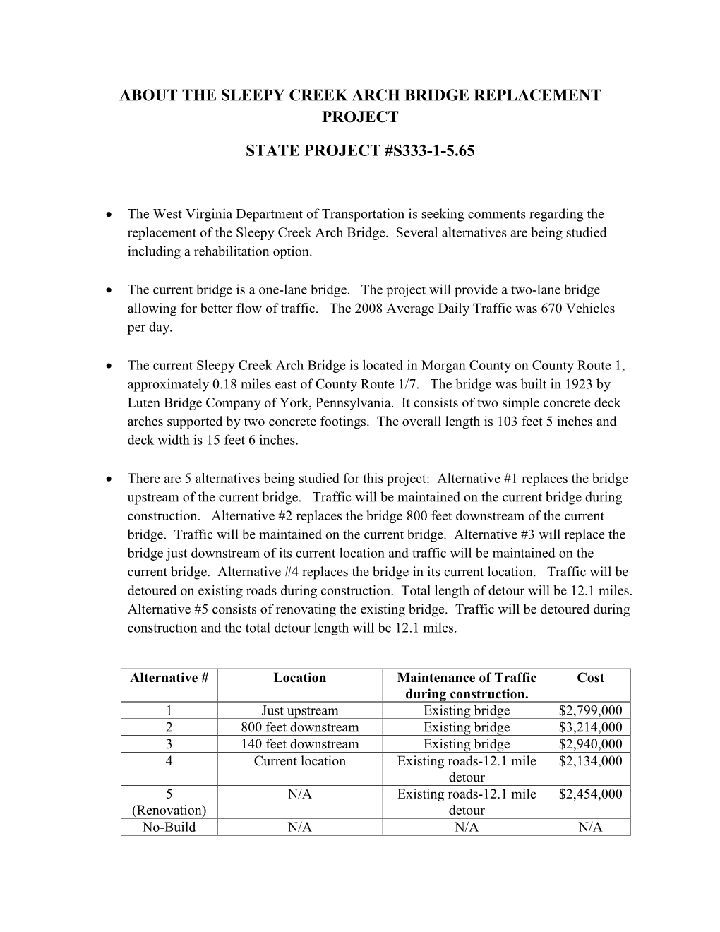 About the Sleepy Creek Arch Bridge Replacement Project State Project #S333-1-5.65