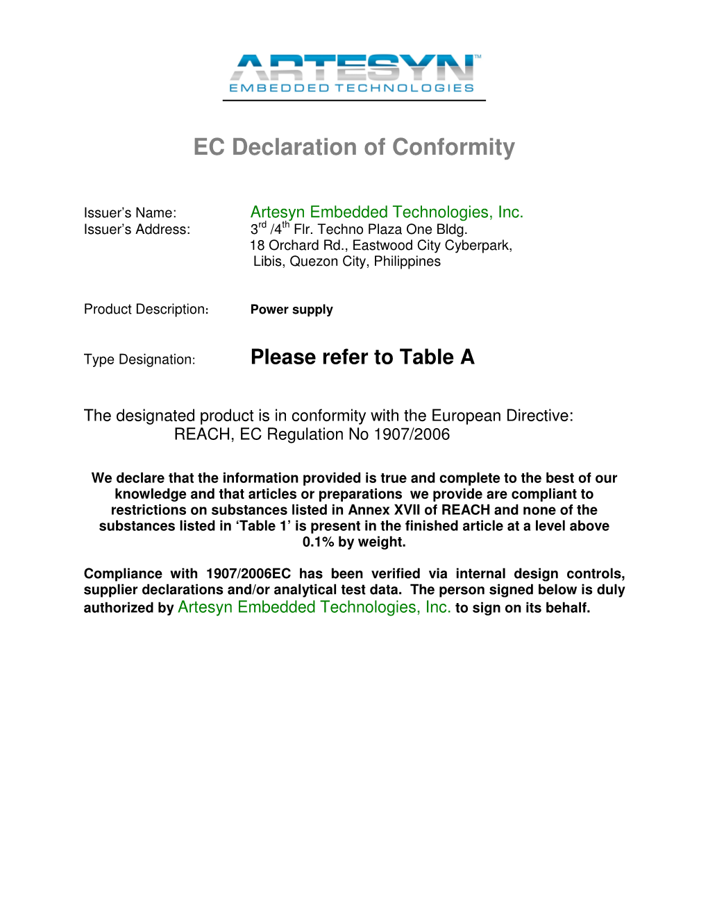 EC Declaration of Conformity