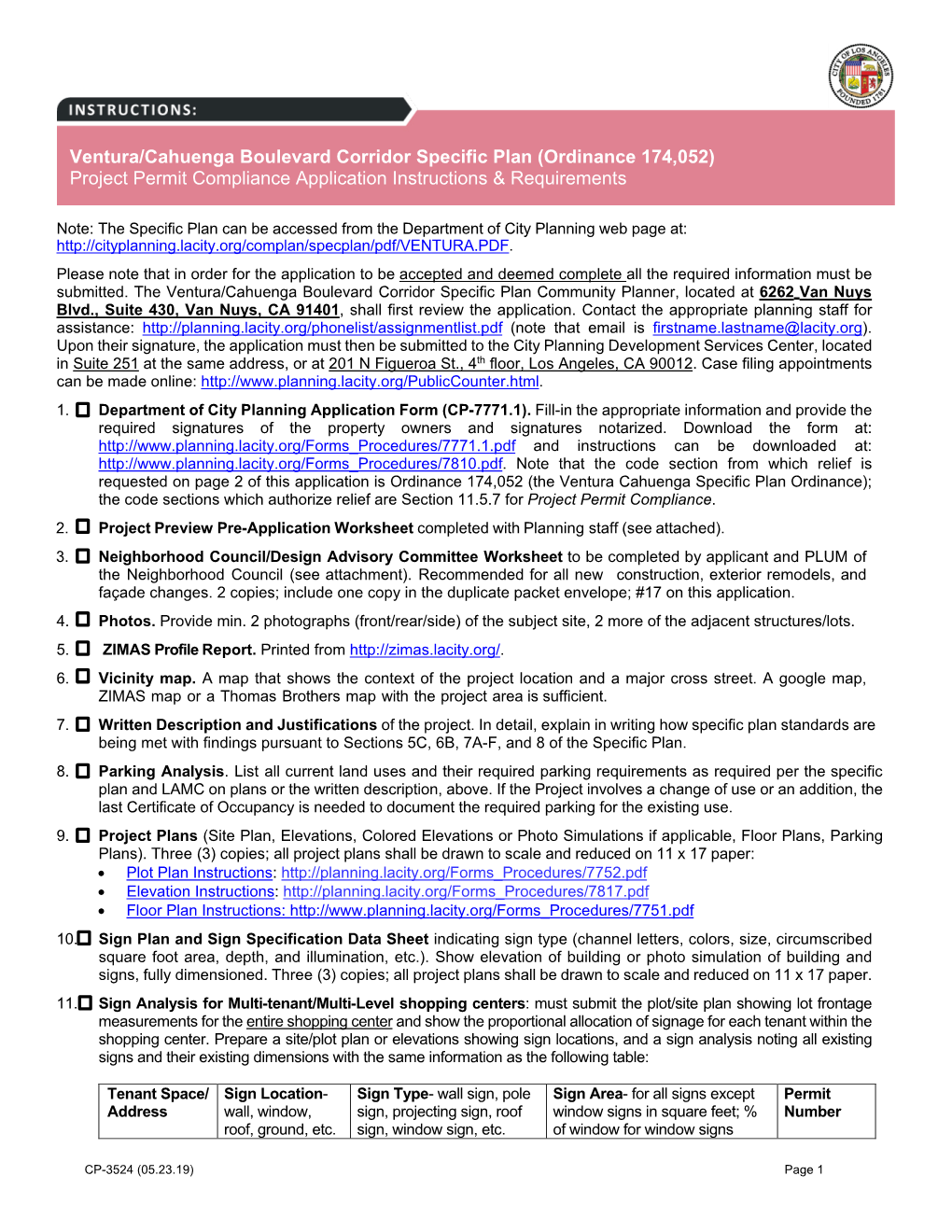 Ventura/Cahuenga Boulevard Corridor Specific Plan (Ordinance 174,052) Project Permit Compliance Application Instructions & Requirements