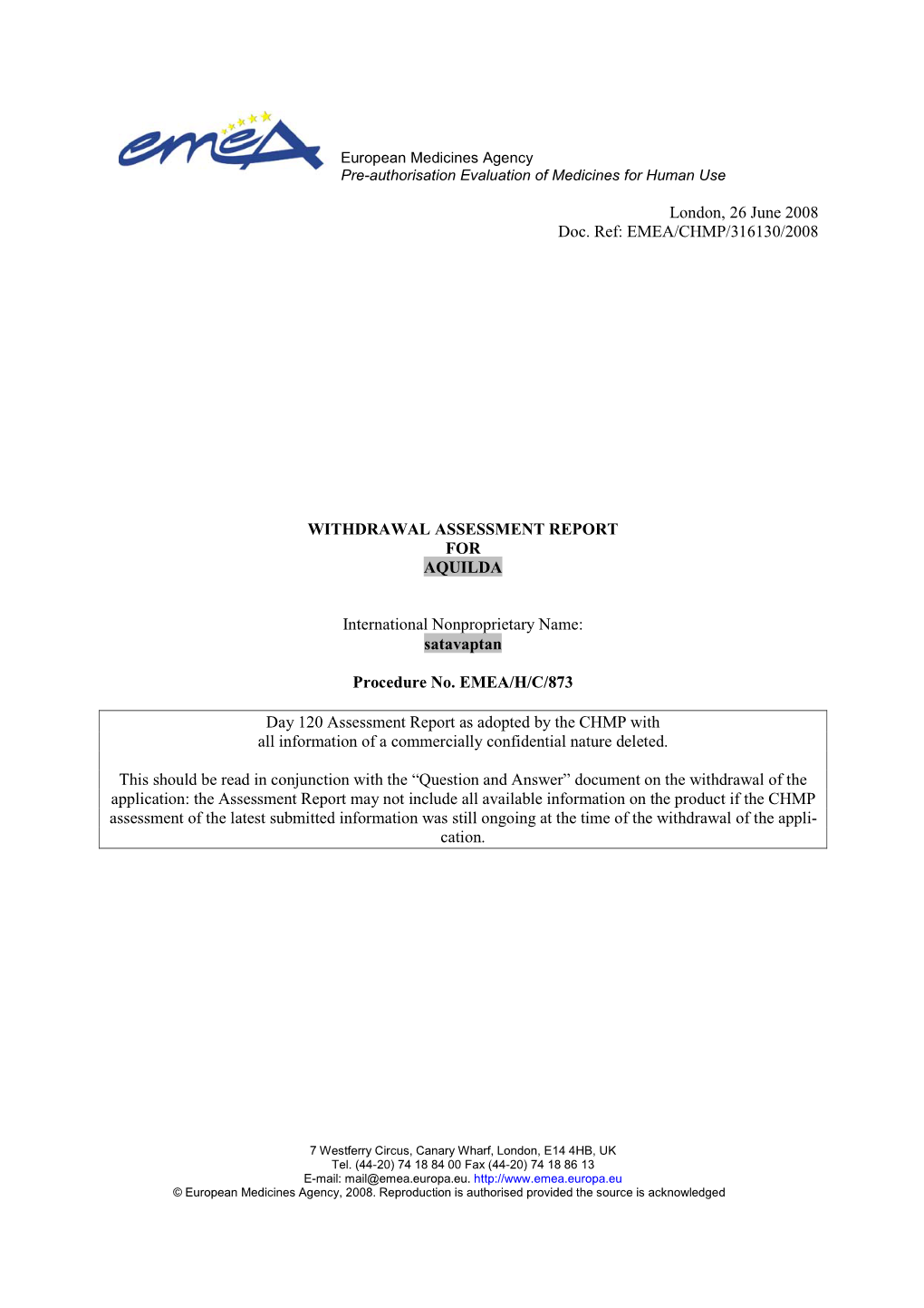 Assessment Report on the Withdrawal of the Marketing Application