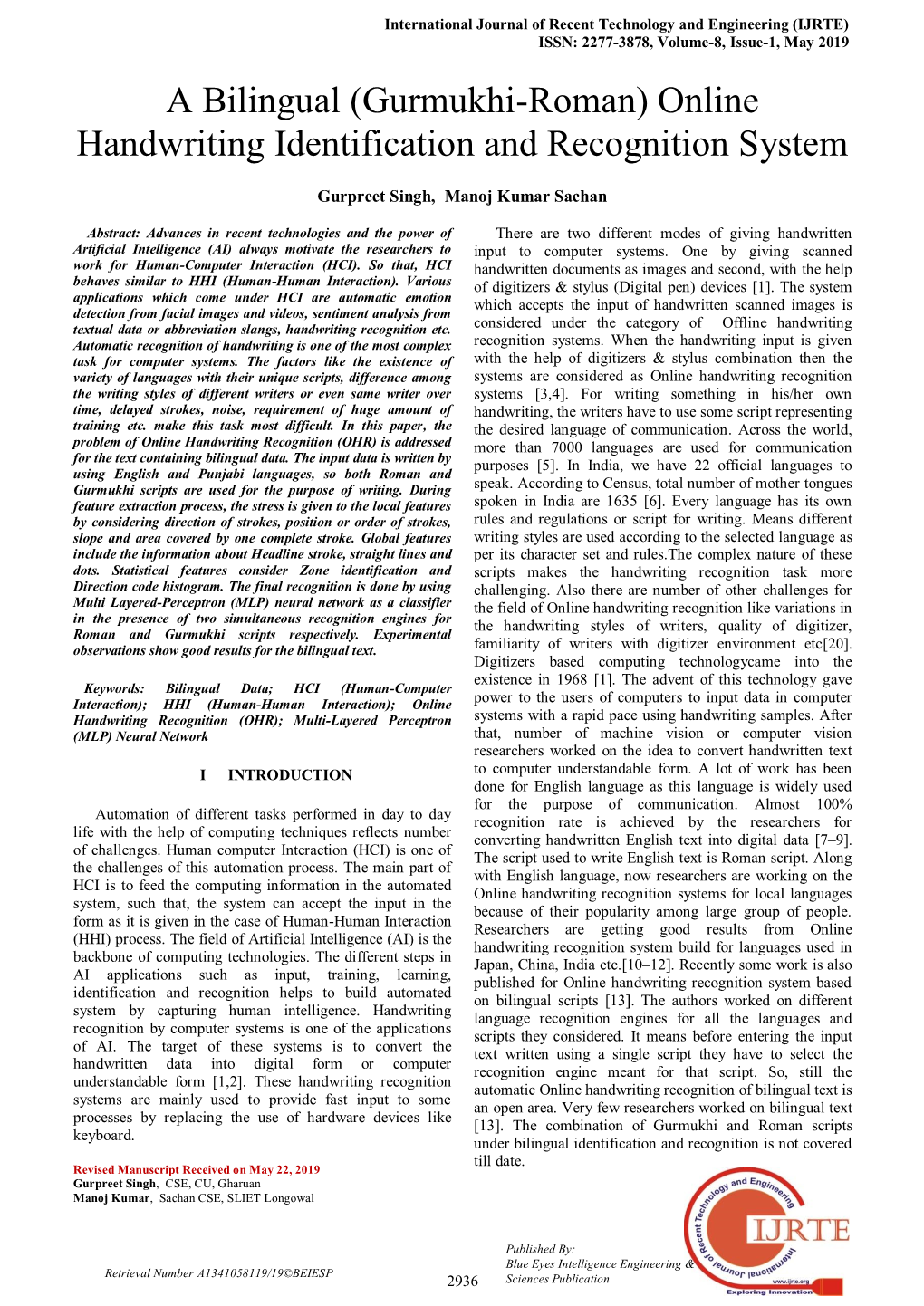 A Bilingual (Gurmukhi-Roman) Online Handwriting Identification and Recognition System