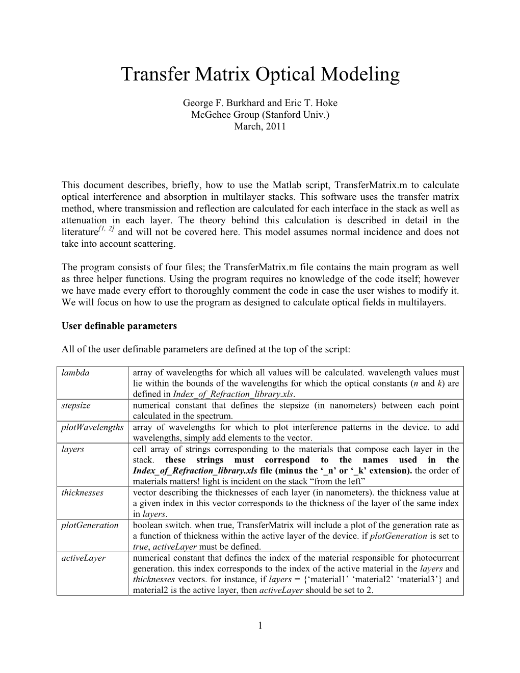 Transfer Matrix Optical Modeling