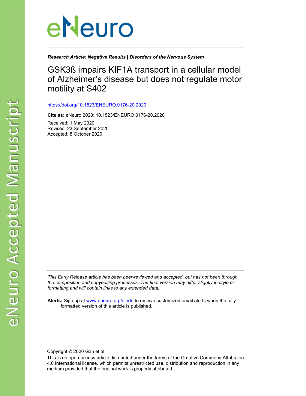 Gsk3ß Impairs KIF1A Transport in a Cellular Model of Alzheimer's