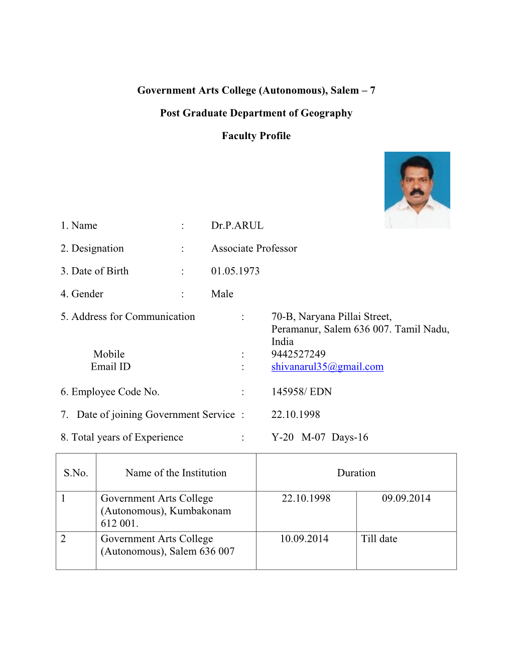 7 Post Graduate Department of Geography Faculty Profile 1. Name