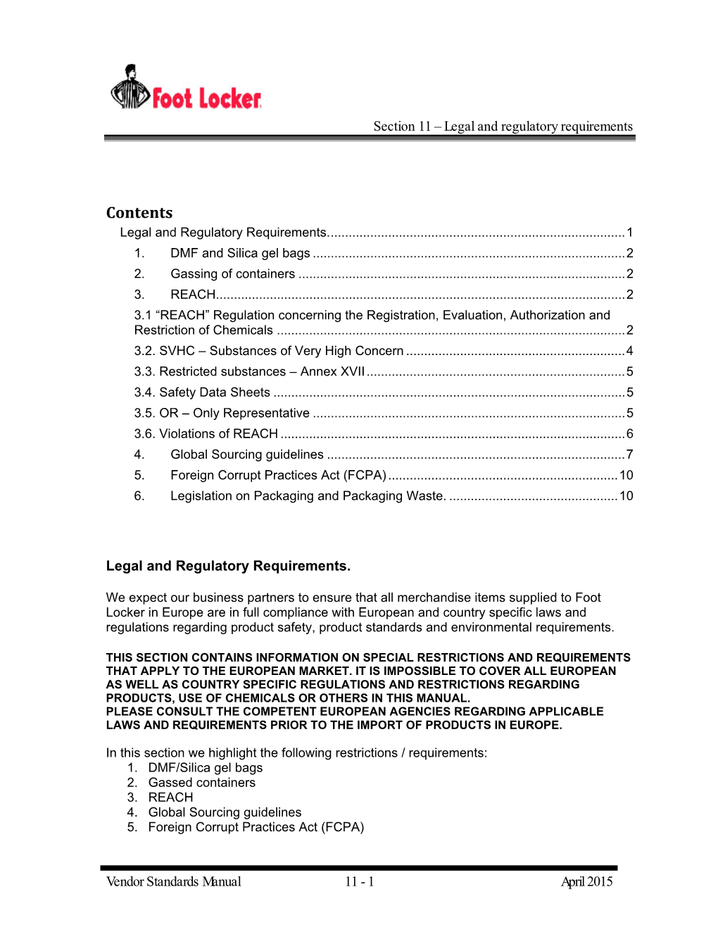 Legal and Regulatory Requirements Vendor Standards Manual 11