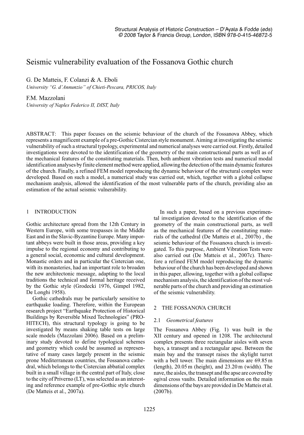 Seismic Vulnerability Evaluation of the Fossanova Gothic Church